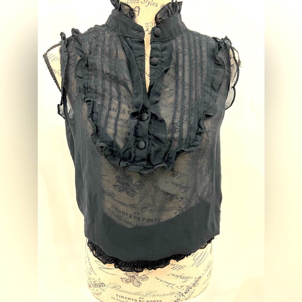 Black sheer blouse, size medium with buttons , poetry, with ruffle